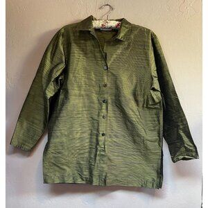 Seasons Carmel Women's Medium Green Button-Front Silk Striped Shirt Tunic Top